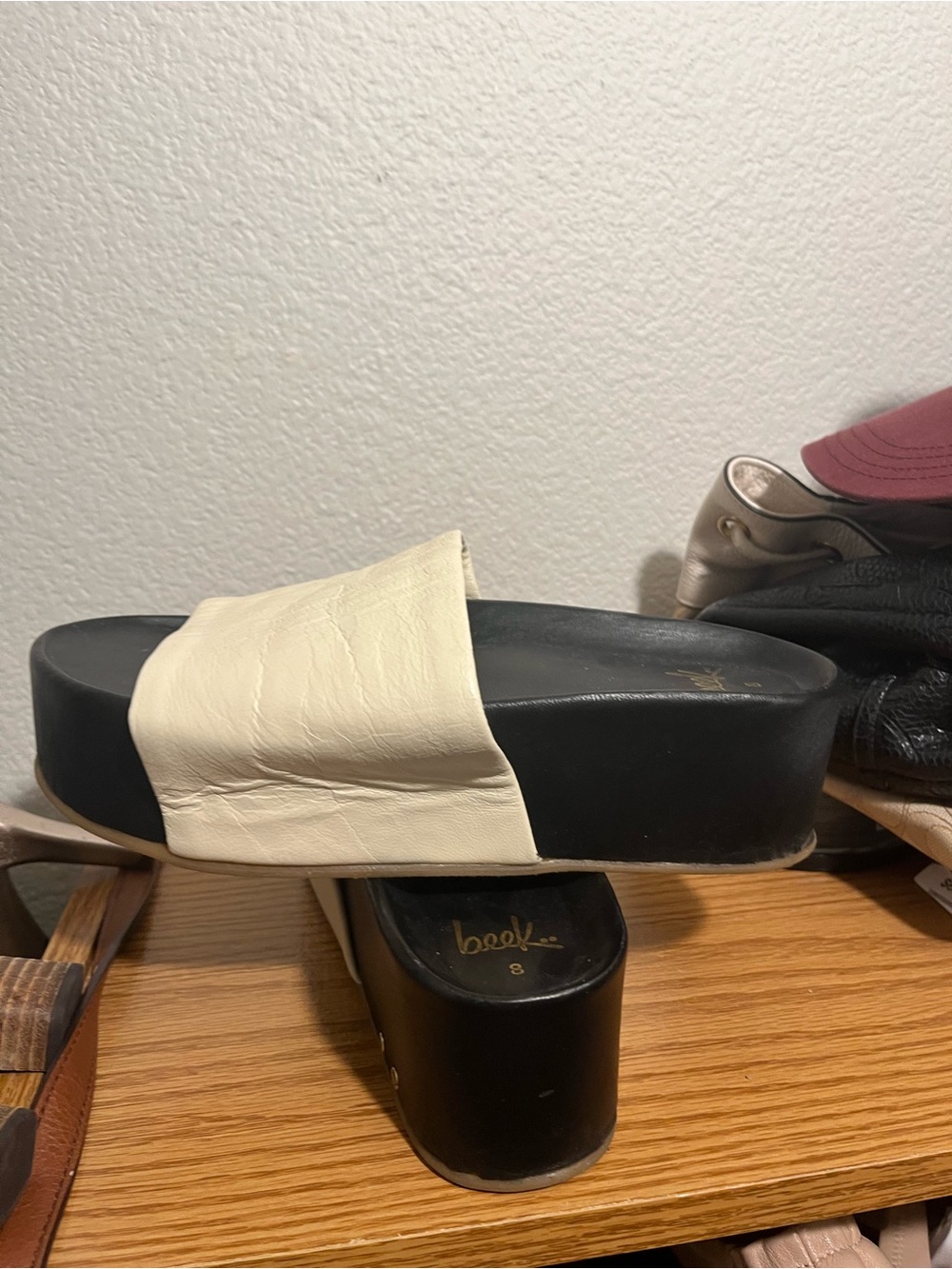 beek Cream and Black Platform Slide Mules